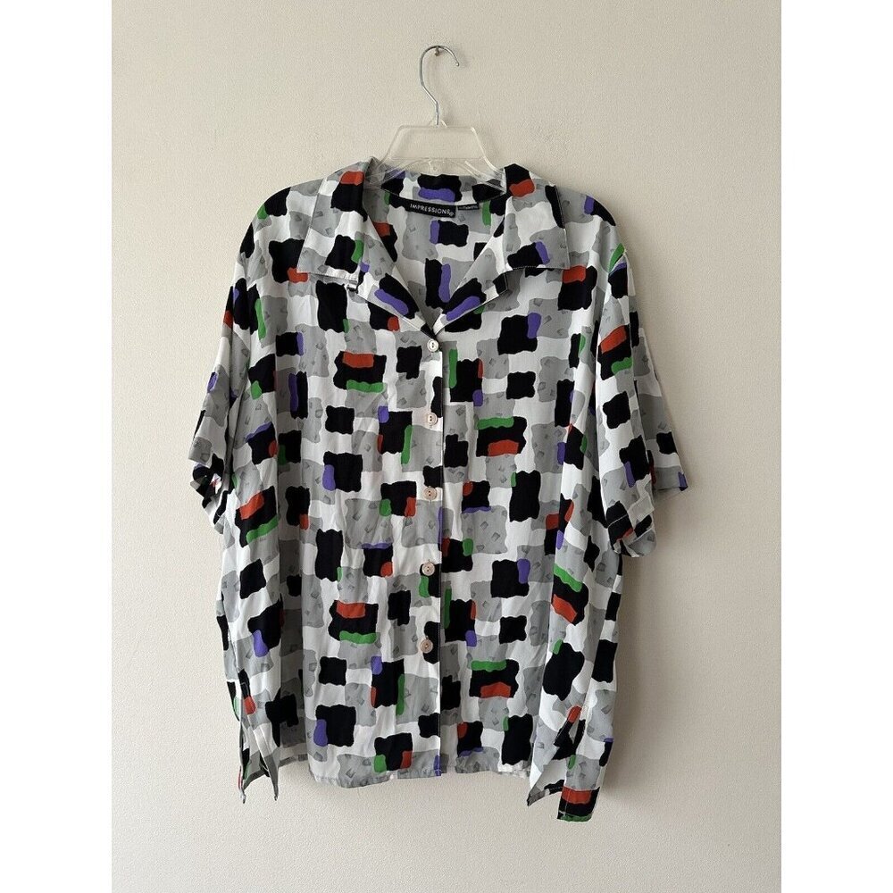 Impressions Patchwork Blouse Button Up Colorful R… - image 1